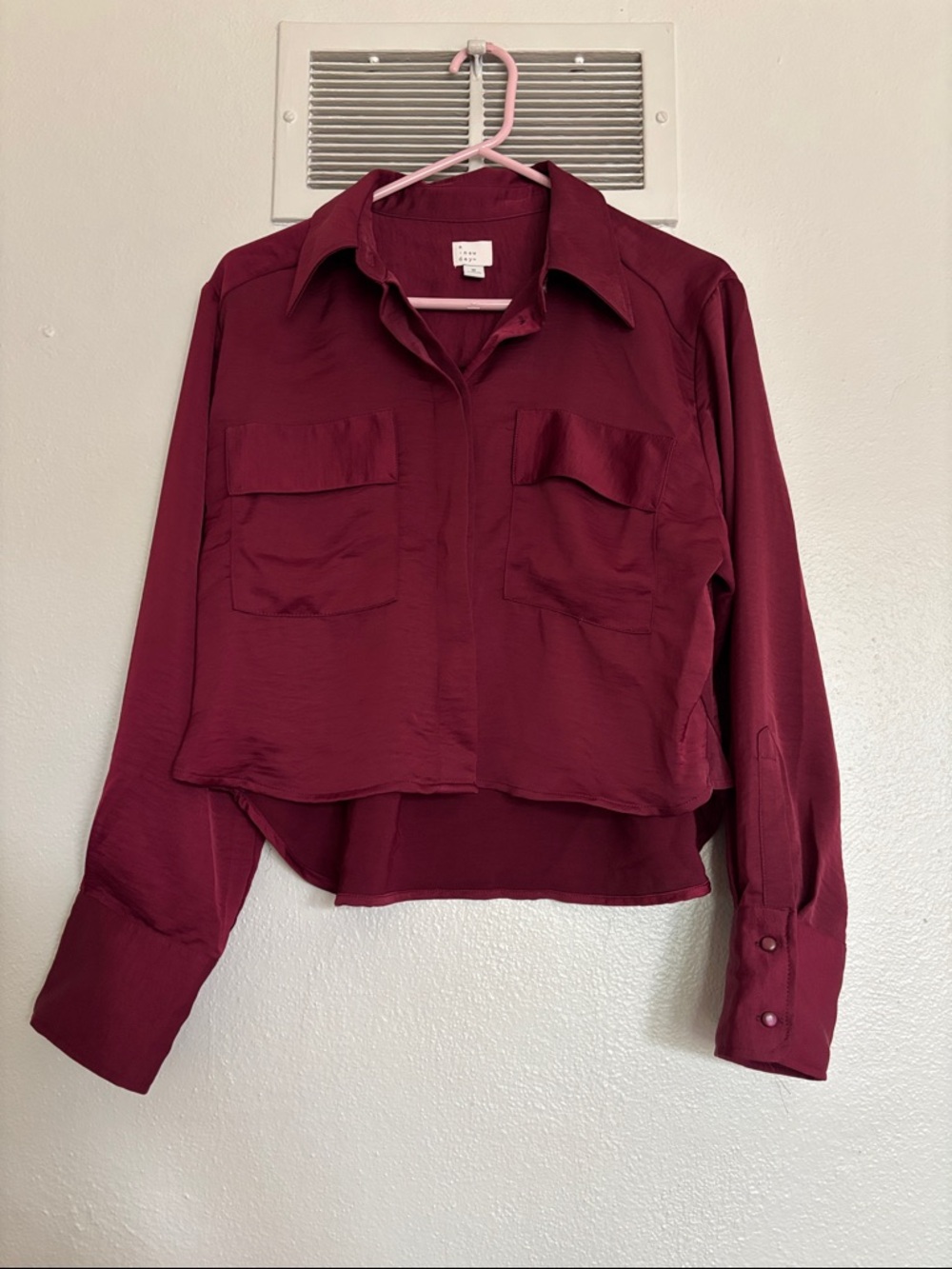 a new day Burgundy Cropped Button-Front Shirt